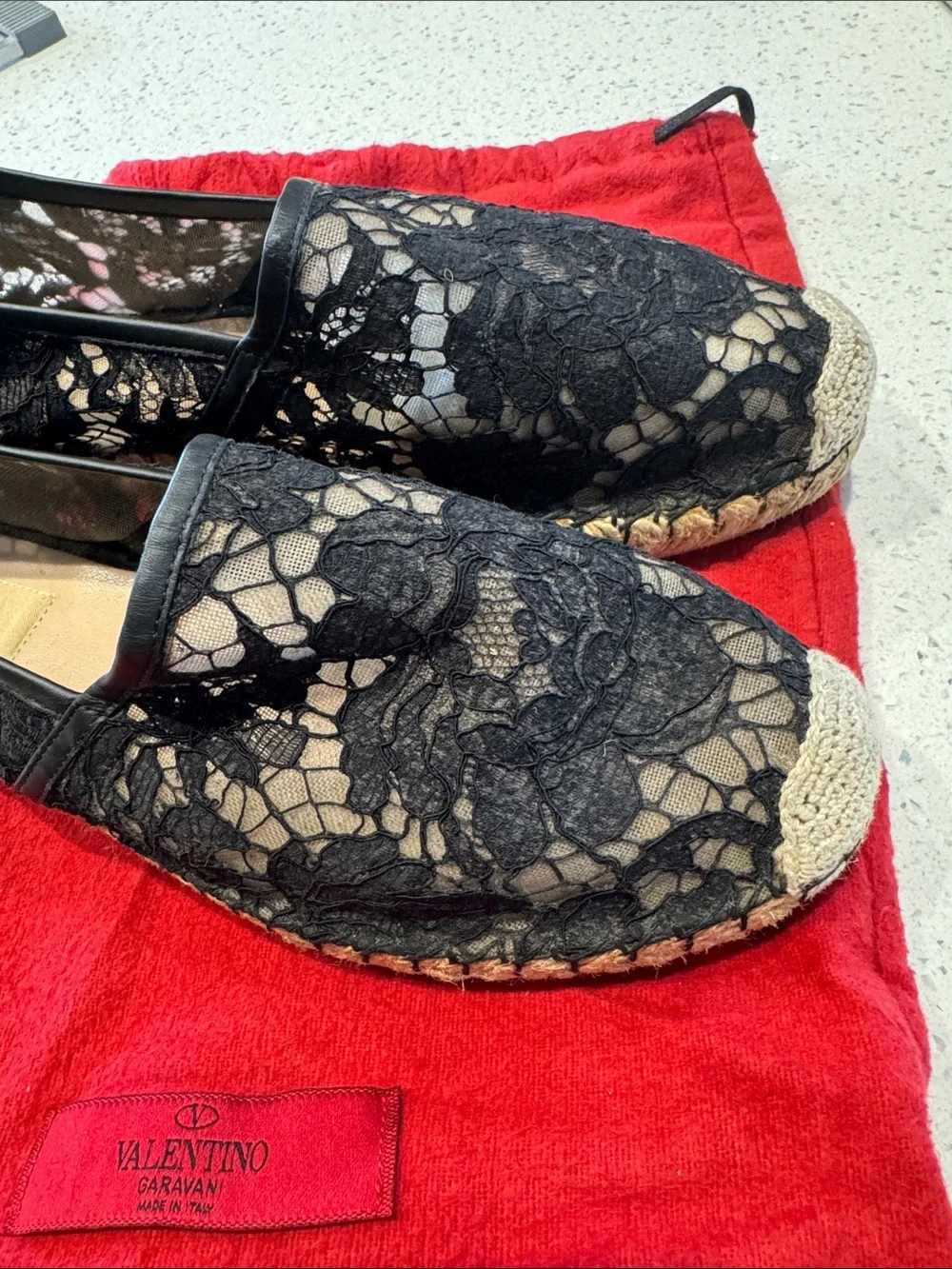 Valentino Black Lace Espadrille Slip-Ons